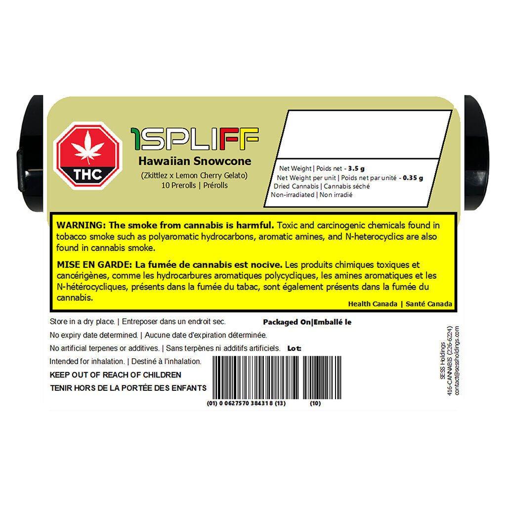 1Spliff Hawaiian Snowcone Pre-Rolls 10x0.35g | Hybrid | Montrose