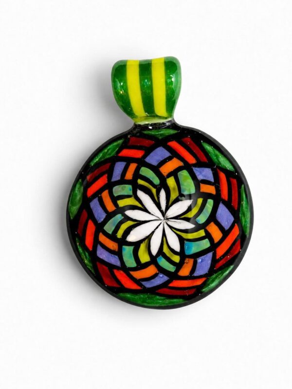 Filla Rainbow Mandala Glass Pendant handcrafted glass pendant with vibrant red, orange, yellow, green, purple, and white mandala design.