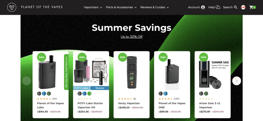 Le site web Planet of the Vapes Canada pour les vaporisateurs d'herbes sèches